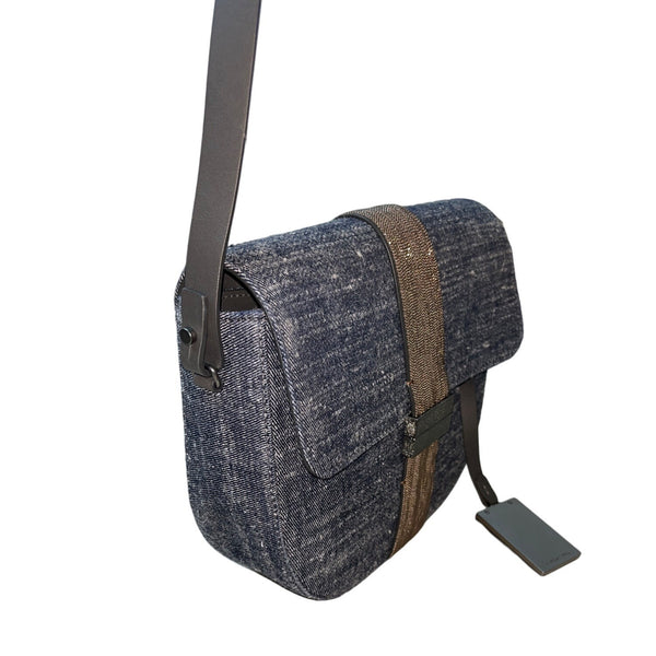 Brunello Cucinelli Women's Blue Denim Beaded Closure Crossbody Bag