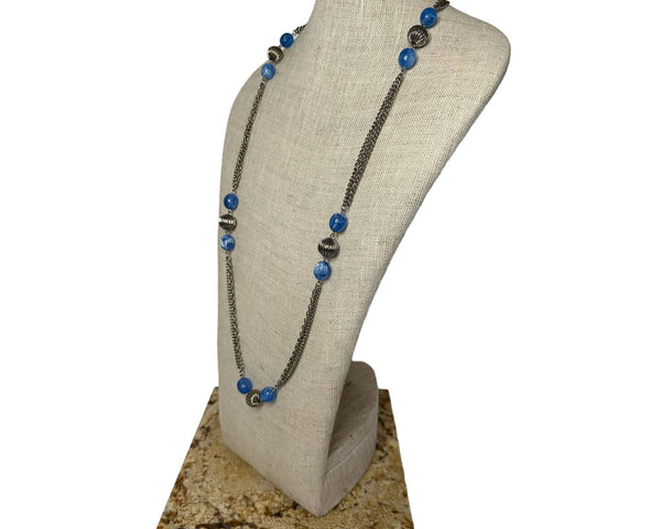 Metal Chain Blue Beads Long Necklace - 35in