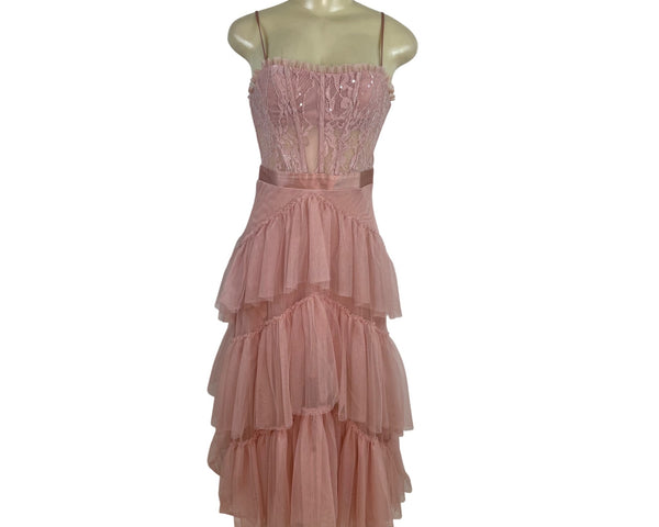 City Studio Pink Lace & Tulle Tiered Midi Dress With Spaghetti Straps Size 3