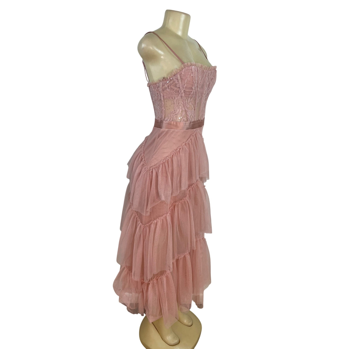 City Studio Pink Lace & Tulle Tiered Midi Dress With Spaghetti Straps Size 3