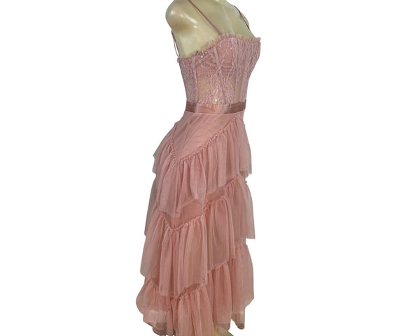City Studio Pink Lace & Tulle Tiered Midi Dress With Spaghetti Straps Size 3