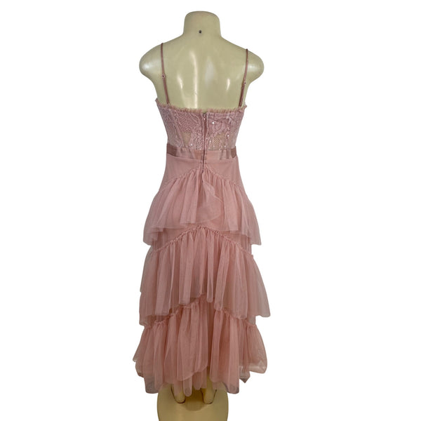 City Studio Pink Lace & Tulle Tiered Midi Dress With Spaghetti Straps Size 3