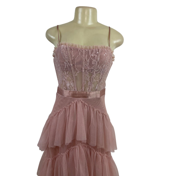 City Studio Pink Lace & Tulle Tiered Midi Dress With Spaghetti Straps Size 3