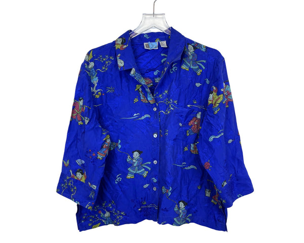 Chicos Womens Blue 100% Silk Button-Up Shirt Asian-Inspired Print Size 2