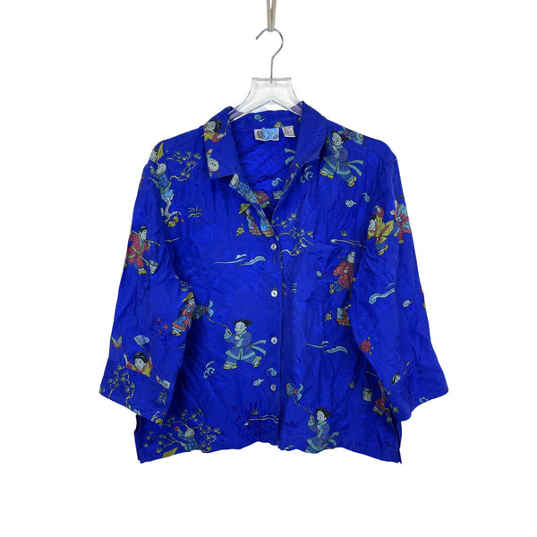 Chicos Womens Blue 100% Silk Button-Up Shirt Asian-Inspired Print Size 2