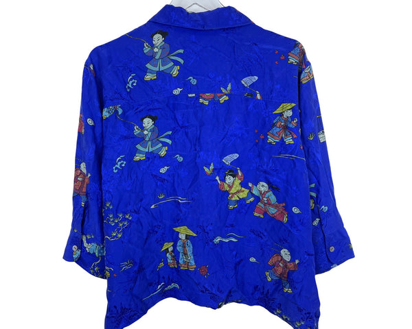 Chicos Womens Blue 100% Silk Button-Up Shirt Asian-Inspired Print Size 2