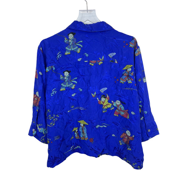 Chicos Womens Blue 100% Silk Button-Up Shirt Asian-Inspired Print Size 2