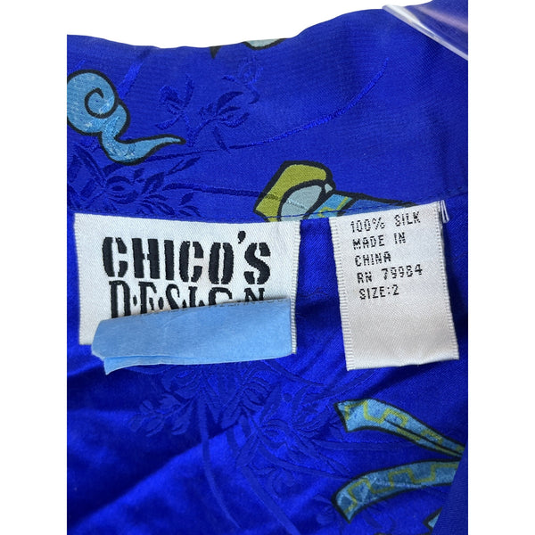 Chicos Womens Blue 100% Silk Button-Up Shirt Asian-Inspired Print Size 2
