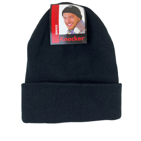 Knocker Mens Black Knit Beanie Warm Stretchy Winter Hat