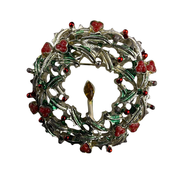 Vintage Unknown Multi-Color Enamel Christmas Wreath Brooch With Candle Pin