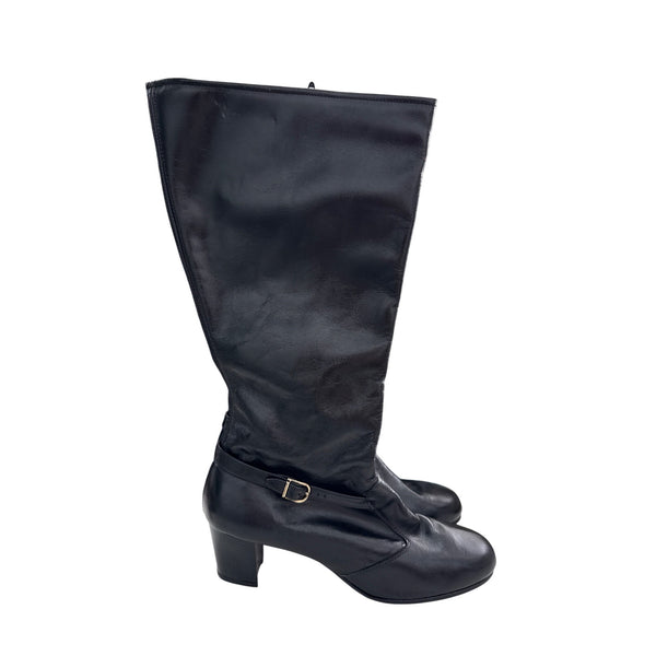 Leather Upper Womens Black Tall Heeled Boots With Elegant Buckle Detail Size 9.5 M