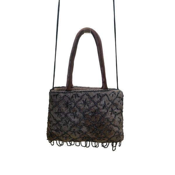 Women’s Brown Beaded Embellished Velvet With Satin Handles & Fringe Evening Bag