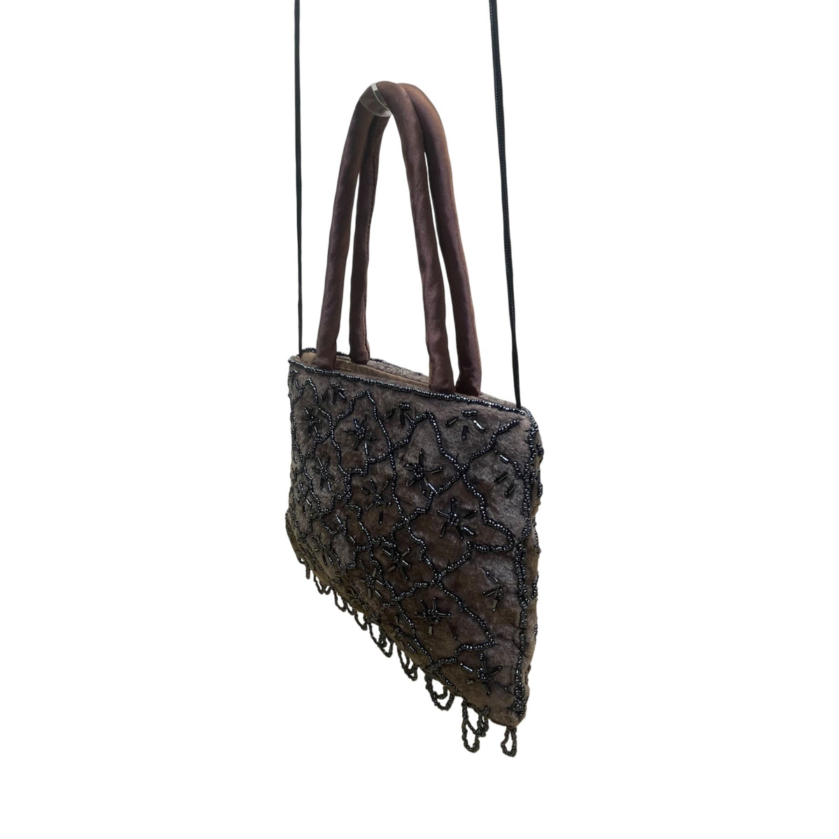 Women’s Brown Beaded Embellished Velvet With Satin Handles & Fringe Evening Bag
