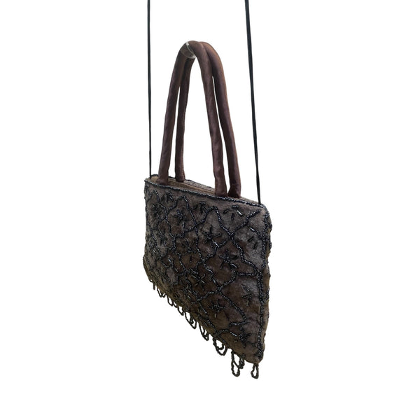 Women’s Brown Beaded Embellished Velvet With Satin Handles & Fringe Evening Bag