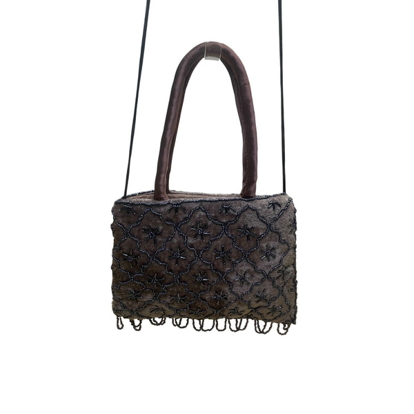 Women’s Brown Beaded Embellished Velvet With Satin Handles & Fringe Evening Bag