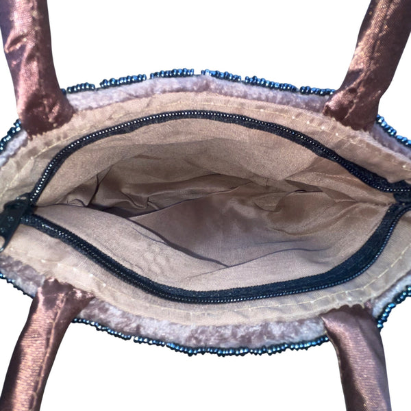 Women’s Brown Beaded Embellished Velvet With Satin Handles & Fringe Evening Bag