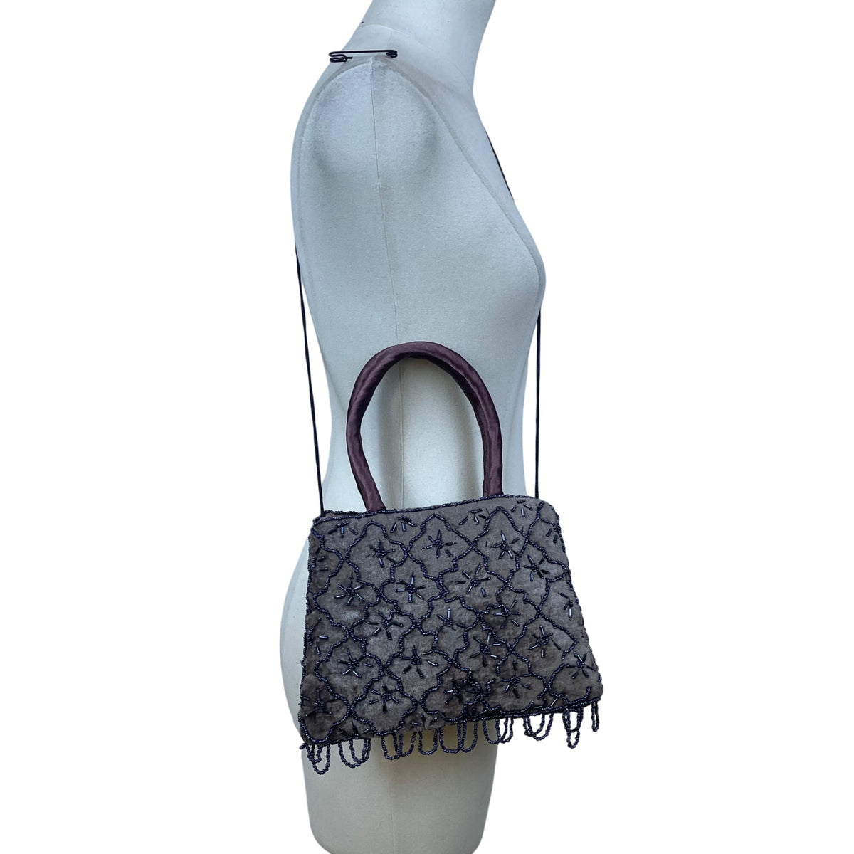 Women’s Brown Beaded Embellished Velvet With Satin Handles & Fringe Evening Bag