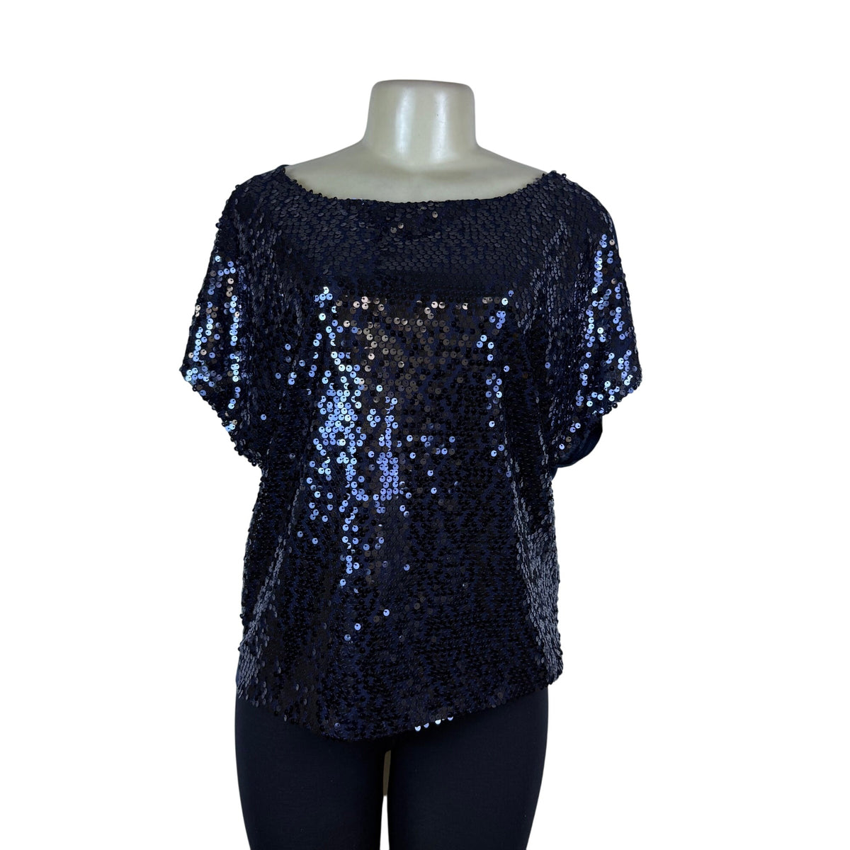 Jennifer Lopez Womens Navy Sequin Polyester Blouse  Stunning Party Top Size M