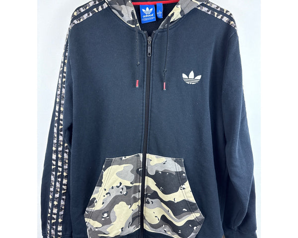 Adidas Mens Black Camo Hooded Zip-Up Jacket Size L Logo Detail