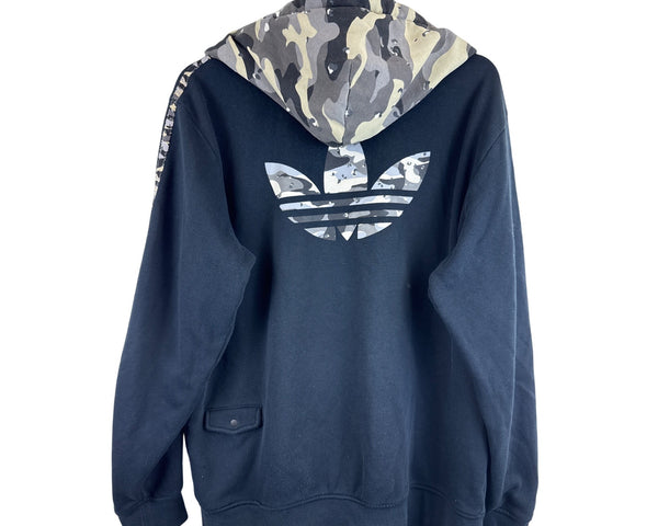 Adidas Mens Black Camo Hooded Zip-Up Jacket Size L Logo Detail