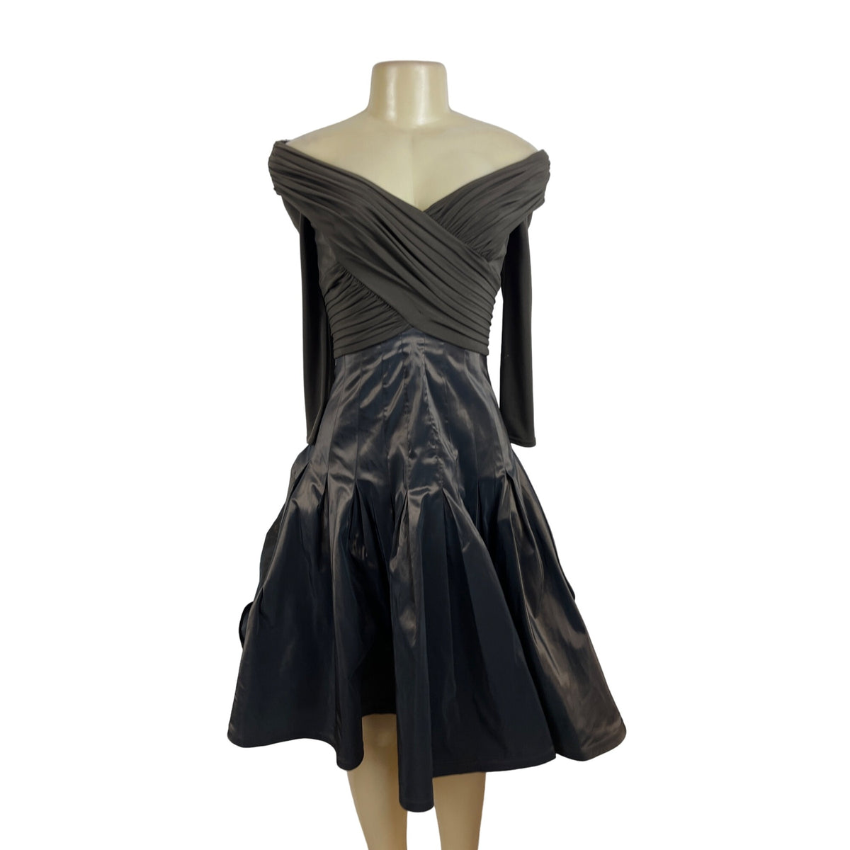 Tadashi Off-The-Shoulder Ruched Long Sleeve Dress With Shiny Full Skirt Sz 2