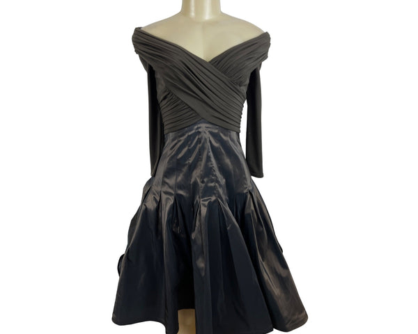 Tadashi Off-The-Shoulder Ruched Long Sleeve Dress With Shiny Full Skirt Sz 2