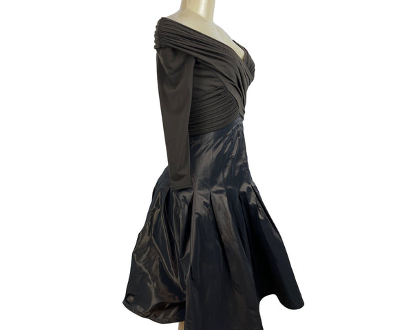 Tadashi Off-The-Shoulder Ruched Long Sleeve Dress With Shiny Full Skirt Sz 2