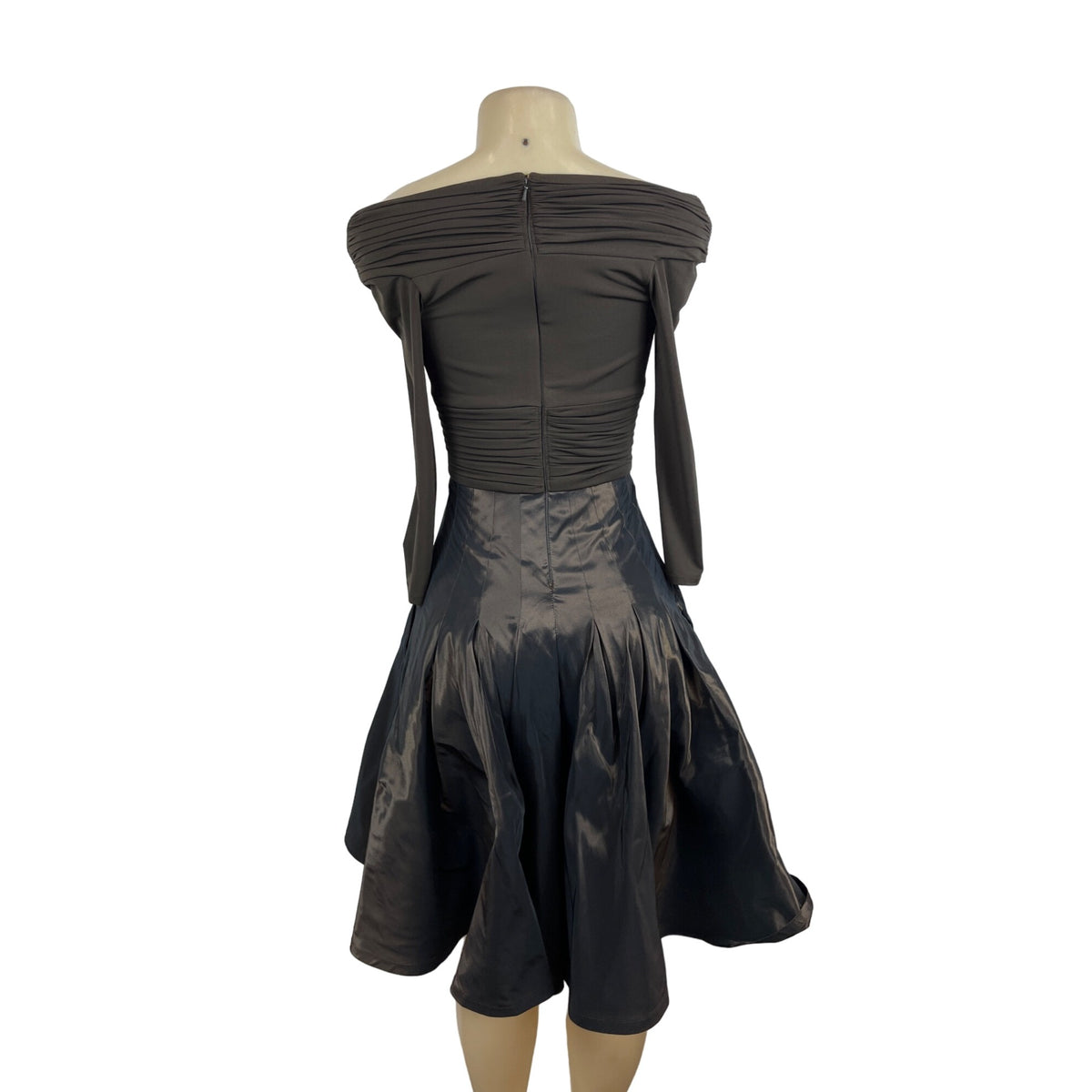 Tadashi Off-The-Shoulder Ruched Long Sleeve Dress With Shiny Full Skirt Sz 2