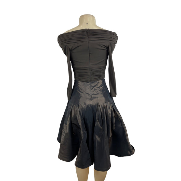 Tadashi Off-The-Shoulder Ruched Long Sleeve Dress With Shiny Full Skirt Sz 2