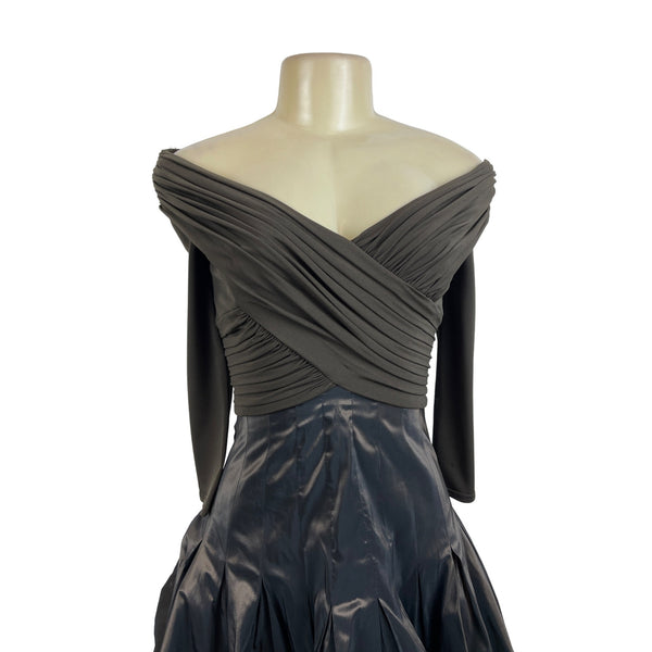 Tadashi Off-The-Shoulder Ruched Long Sleeve Dress With Shiny Full Skirt Sz 2