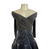 Tadashi Off-The-Shoulder Ruched Long Sleeve Dress With Shiny Full Skirt Sz 2