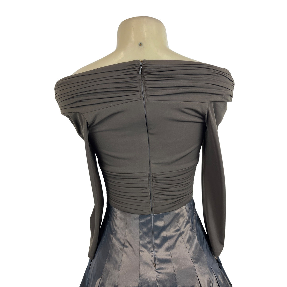 Tadashi Off-The-Shoulder Ruched Long Sleeve Dress With Shiny Full Skirt Sz 2