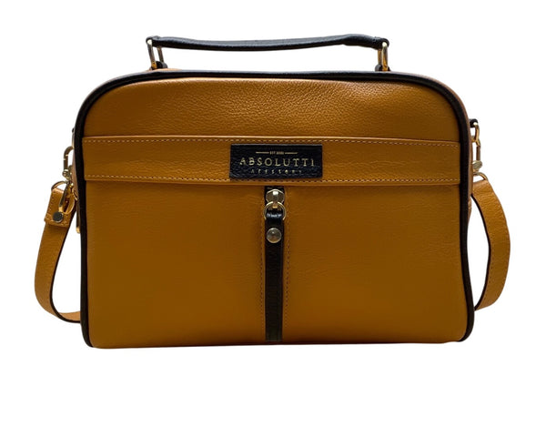 Absolutti Camel Brown & Black Faux Leather & Gold Zipper Crossbody Camera Bag