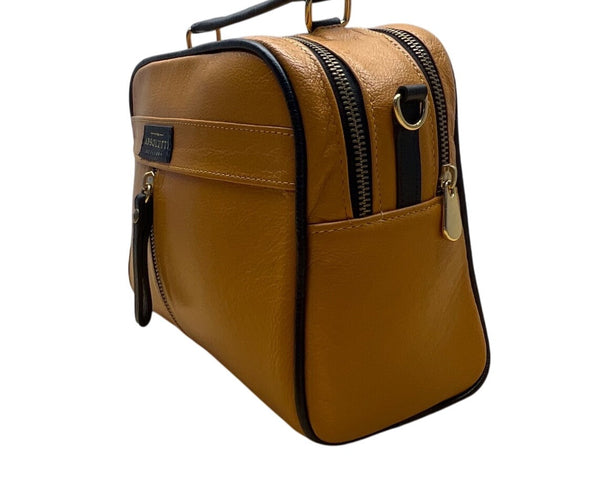 Absolutti Camel Brown & Black Faux Leather & Gold Zipper Crossbody Camera Bag