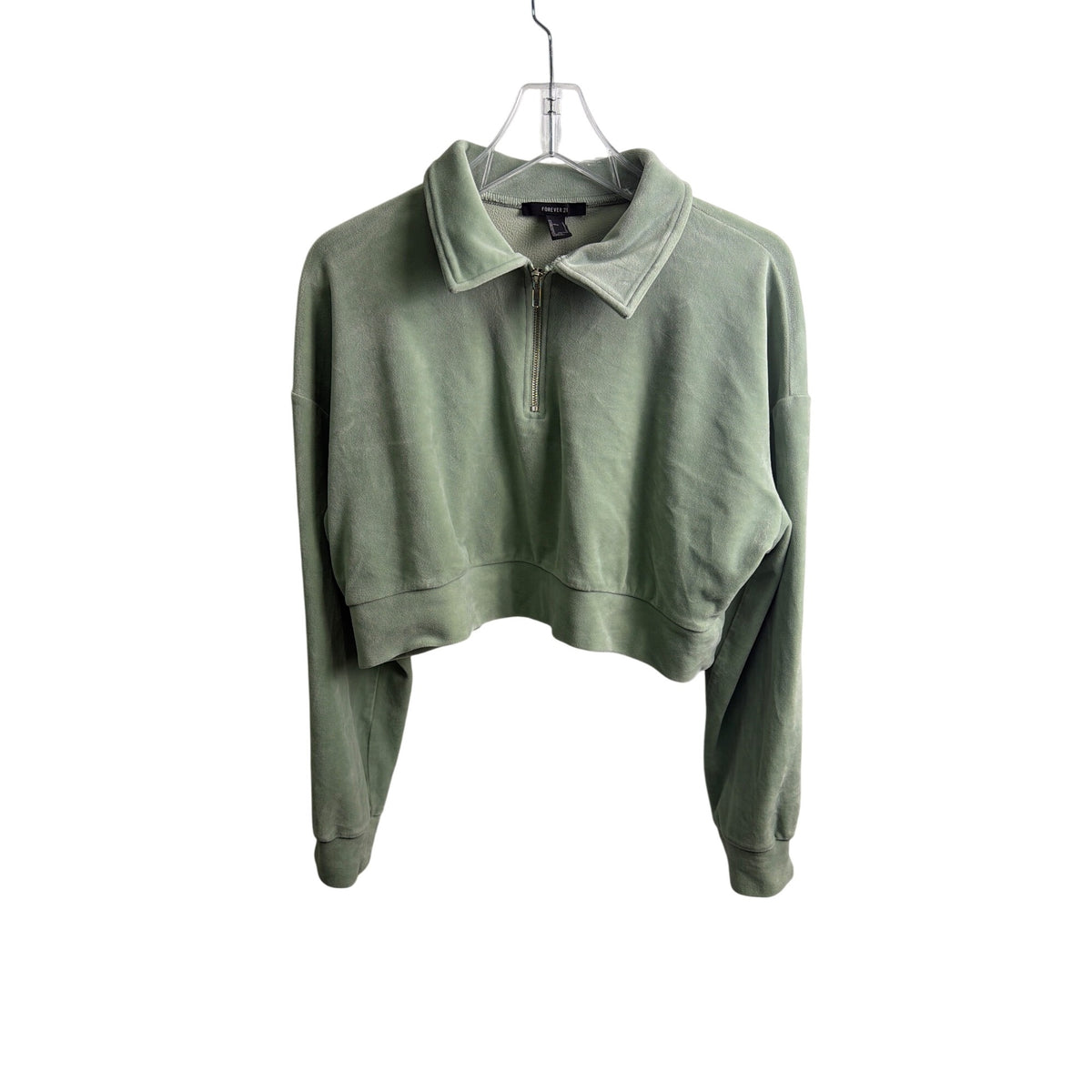 Forever 21 Womens Sage Green Fleece Cropped Quarter-Zip Pullover Sweatshirt L Large Forever 21 Womens Sage Green Fleece Cropped Quarter-Zip Pullover Sweatshirt L Large