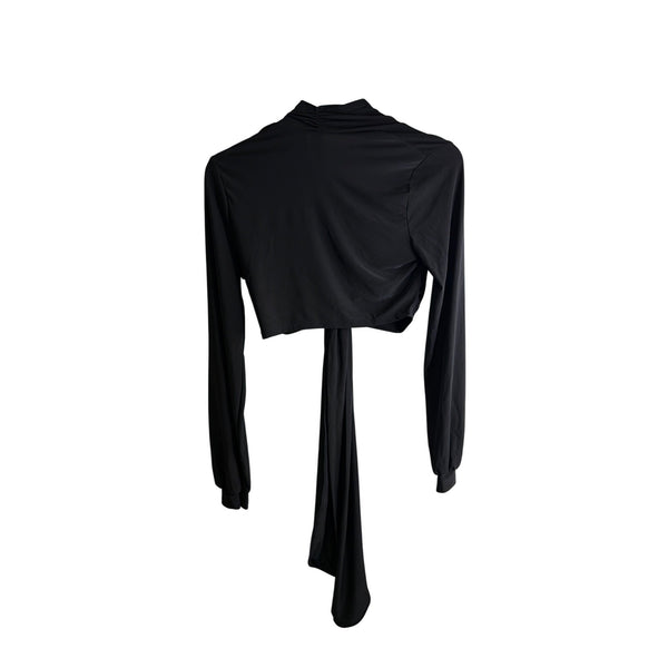 J Uptown Womens Black Long Sleeve Wrap Tie Front Crop Top Size L Stretchy