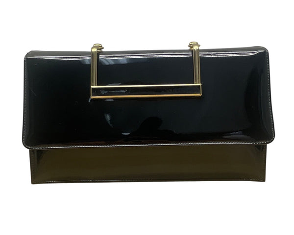 Vintage Black Faux Patent Leather Gold-Tone Metal Handle & Snap Closure Clutch