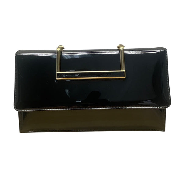 Vintage Black Faux Patent Leather Gold-Tone Metal Handle & Snap Closure Clutch