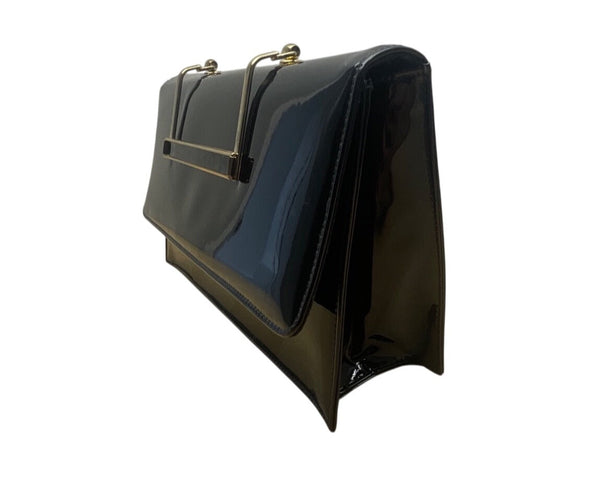 Vintage Black Faux Patent Leather Gold-Tone Metal Handle & Snap Closure Clutch