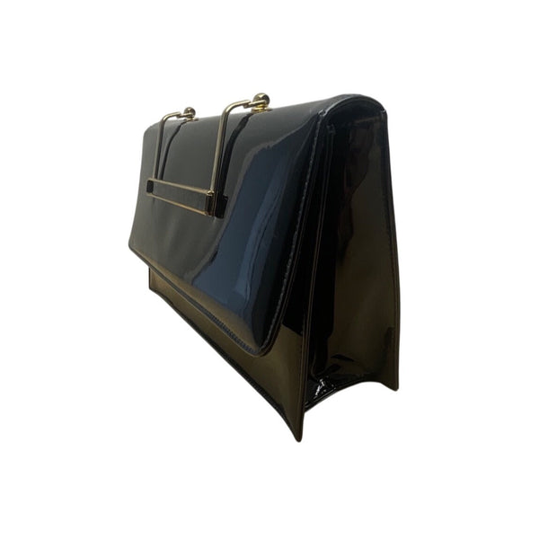 Vintage Black Faux Patent Leather Gold-Tone Metal Handle & Snap Closure Clutch