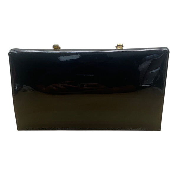 Vintage Black Faux Patent Leather Gold-Tone Metal Handle & Snap Closure Clutch