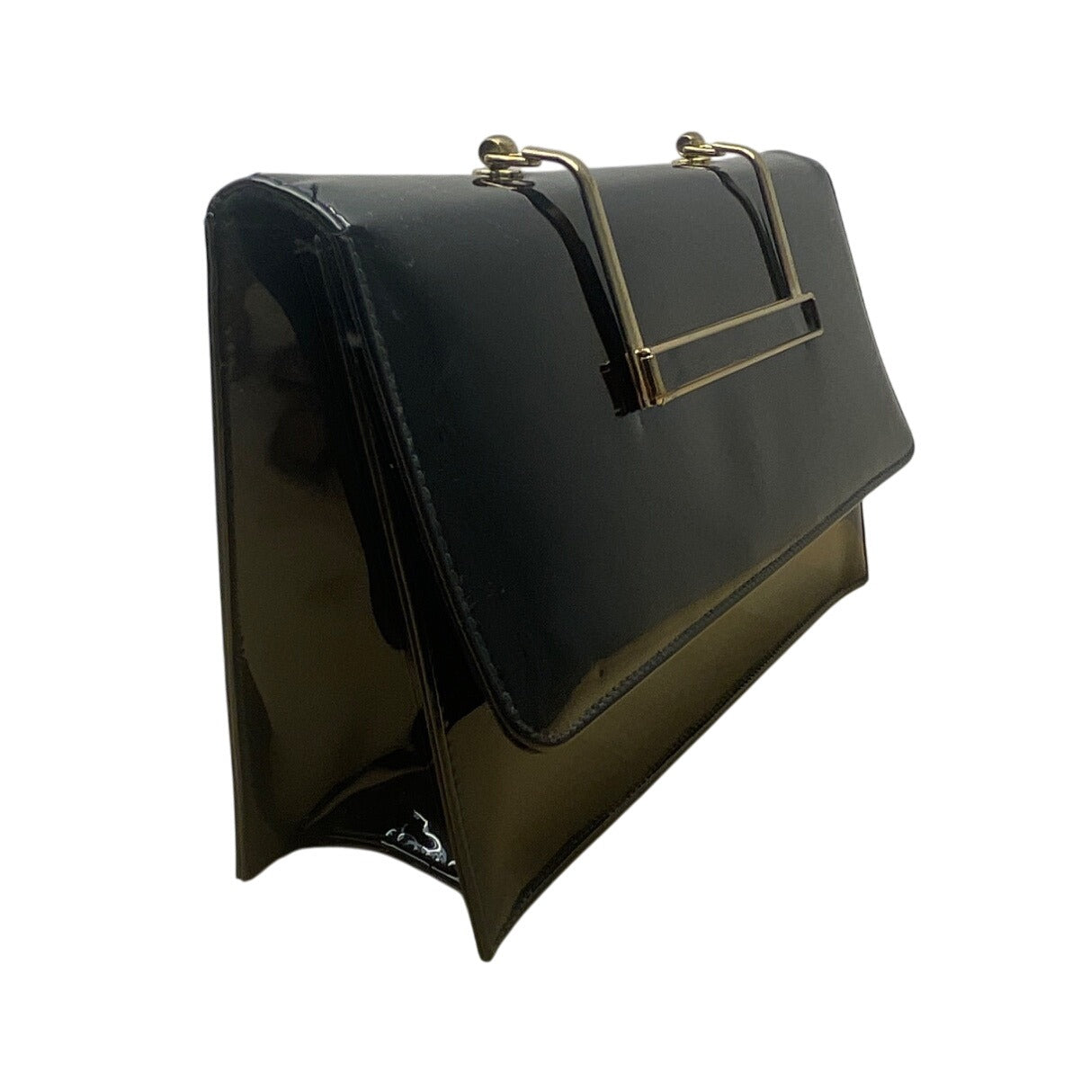 Vintage Black Faux Patent Leather Gold-Tone Metal Handle & Snap Closure Clutch