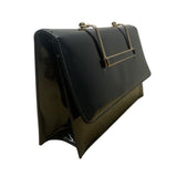 Vintage Black Faux Patent Leather Gold-Tone Metal Handle & Snap Closure Clutch