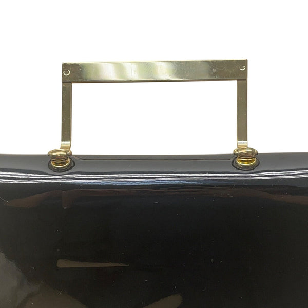 Vintage Black Faux Patent Leather Gold-Tone Metal Handle & Snap Closure Clutch