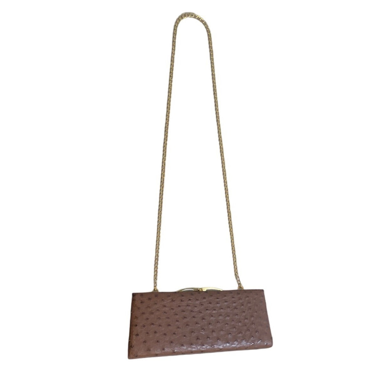 KC Vintage Women's Brown Ostrich Embossed Kisslock Chain Strap Clutch Sz S