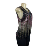 Vintage Sequin Sleeveless Vest Black & Gold With Pink Accents Womens One Size