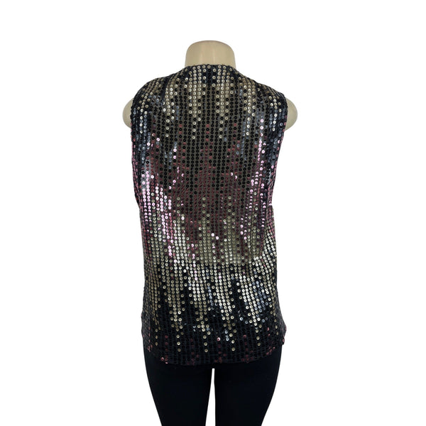 Vintage Sequin Sleeveless Vest Black & Gold With Pink Accents Womens One Size