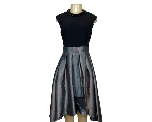 SLNY Women's Black & Silver Sleeveless High-Low Dress With Bow Tie Waist Sz 6