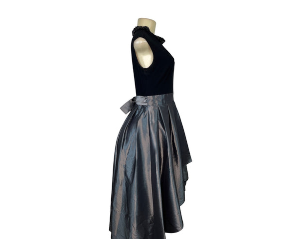 SLNY Women's Black & Silver Sleeveless High-Low Dress With Bow Tie Waist Sz 6
