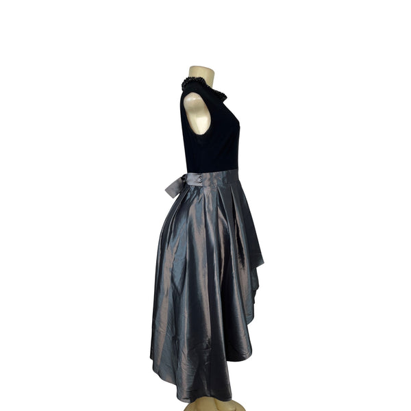 SLNY Women's Black & Silver Sleeveless High-Low Dress With Bow Tie Waist Sz 6
